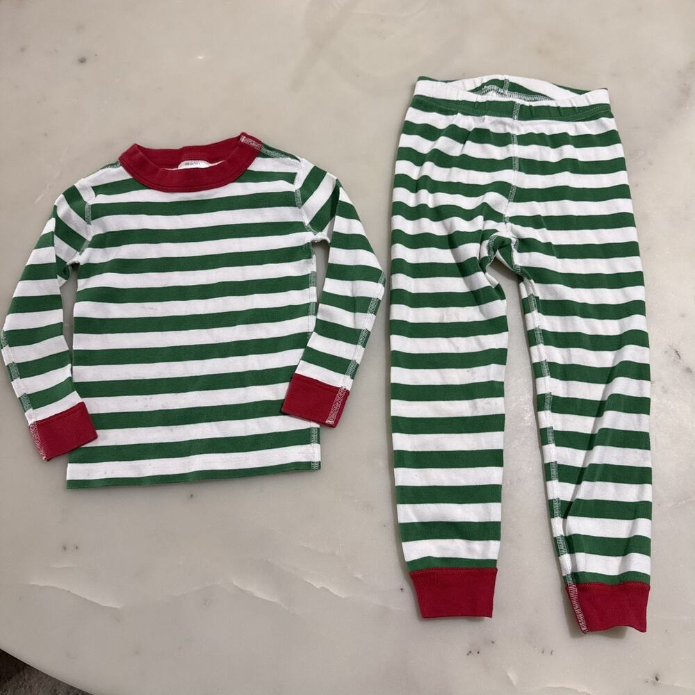 Hanna Andersson Size 4 100cm Green & White Striped Cotton Pajama Set Red Trim